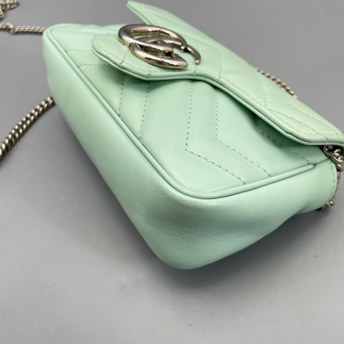 Gucci Chevron Super Mini GG Marmont Chain Wallet Calfskin Light Green