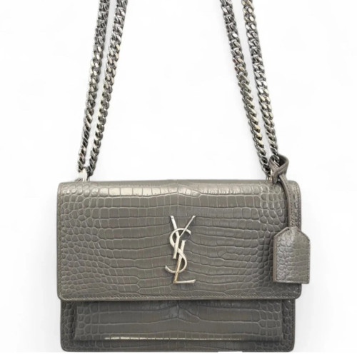 Yves Saint Laurent Medium Sunset Calfskin Crocodile Embossed Grey