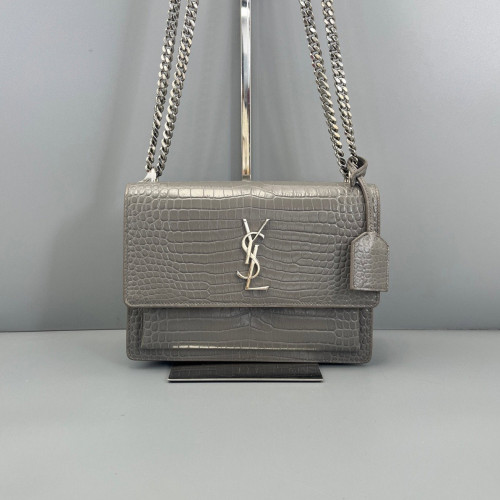 Yves Saint Laurent Medium Sunset Calfskin Crocodile Embossed Grey