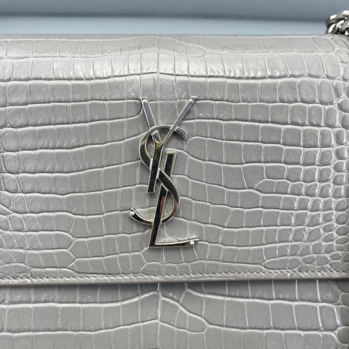 Yves Saint Laurent Medium Sunset Calfskin Crocodile Embossed Grey