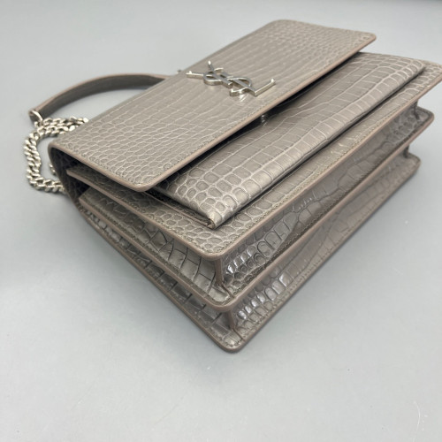 Yves Saint Laurent Medium Sunset Calfskin Crocodile Embossed Grey