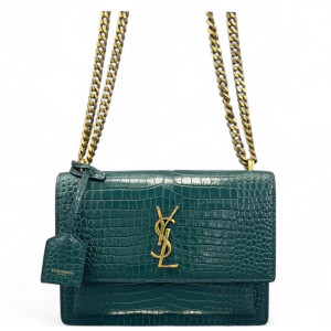 Yves Saint Laurent Medium Sunset Calfskin Crocodile Embossed Dark Green