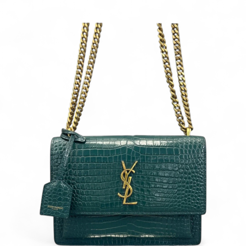 Yves Saint Laurent Medium Sunset Calfskin Crocodile Embossed Dark Green