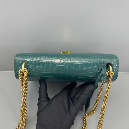 Yves Saint Laurent Medium Sunset Calfskin Crocodile Embossed Dark Green