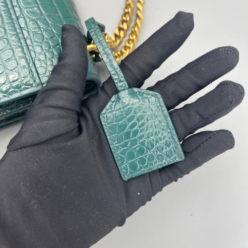 Yves Saint Laurent Medium Sunset Calfskin Crocodile Embossed Dark Green