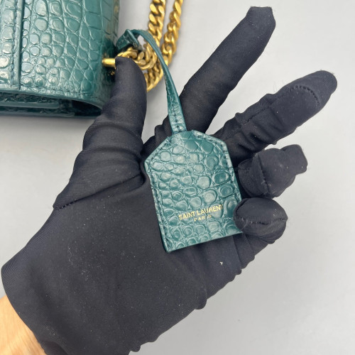 Yves Saint Laurent Medium Sunset Calfskin Crocodile Embossed Dark Green