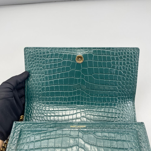 Yves Saint Laurent Medium Sunset Calfskin Crocodile Embossed Dark Green