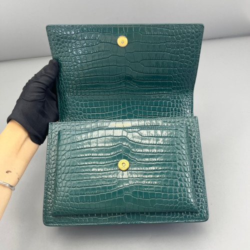 Yves Saint Laurent Medium Sunset Calfskin Crocodile Embossed Dark Green