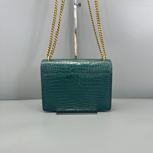 Yves Saint Laurent Medium Sunset Calfskin Crocodile Embossed Dark Green