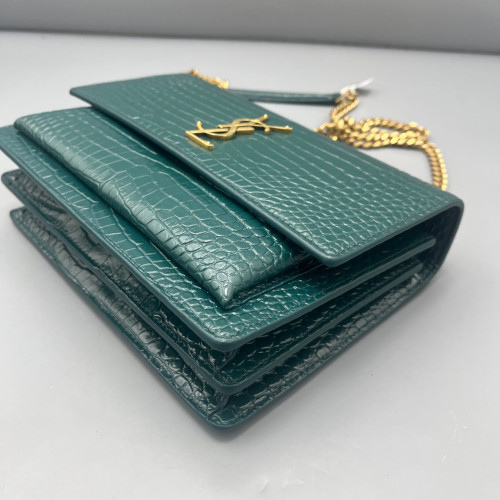 Yves Saint Laurent Medium Sunset Calfskin Crocodile Embossed Dark Green