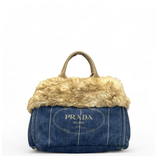 Prada Medium Canapa Tote Denim Faux Fur Light Brown Blue