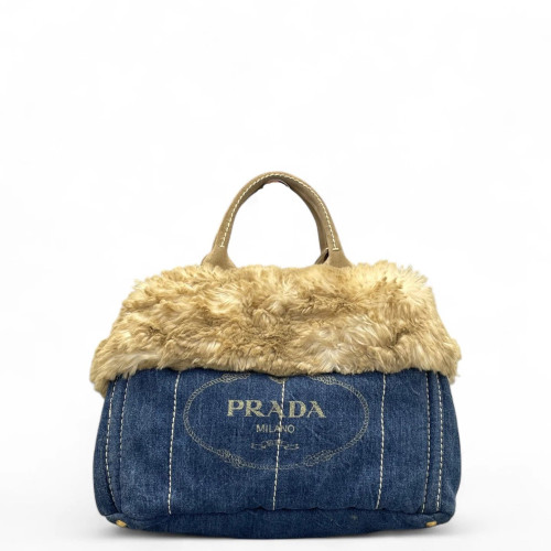 Prada Medium Canapa Tote Denim Faux Fur Light Brown Blue