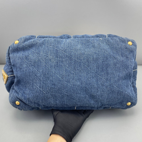 Prada Medium Canapa Tote Denim Faux Fur Light Brown Blue