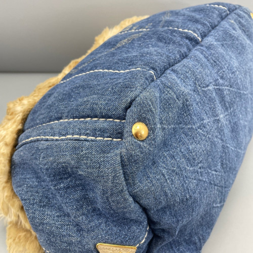 Prada Medium Canapa Tote Denim Faux Fur Light Brown Blue