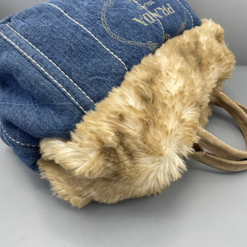 Prada Medium Canapa Tote Denim Faux Fur Light Brown Blue