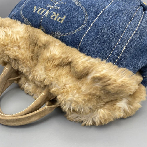 Prada Medium Canapa Tote Denim Faux Fur Light Brown Blue