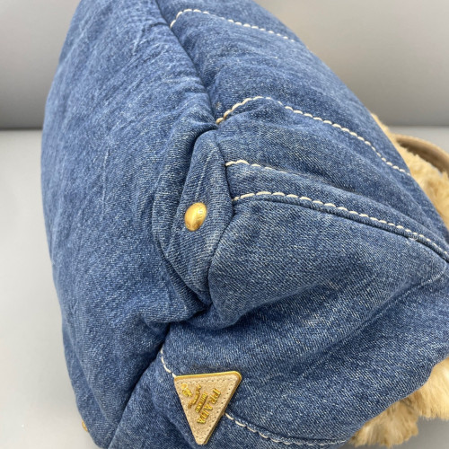 Prada Medium Canapa Tote Denim Faux Fur Light Brown Blue
