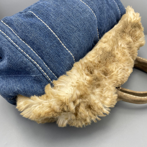 Prada Medium Canapa Tote Denim Faux Fur Light Brown Blue