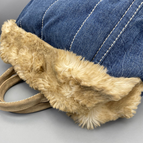 Prada Medium Canapa Tote Denim Faux Fur Light Brown Blue