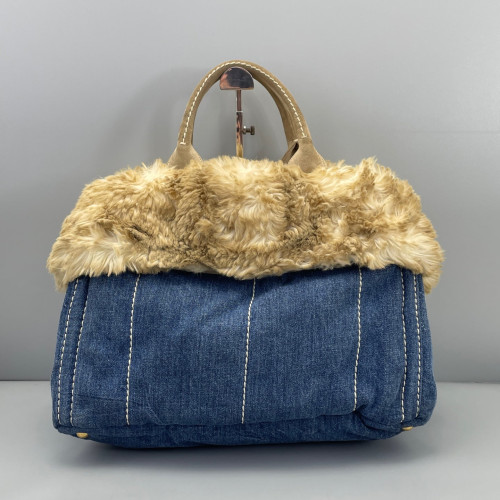 Prada Medium Canapa Tote Denim Faux Fur Light Brown Blue