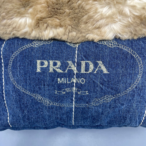 Prada Medium Canapa Tote Denim Faux Fur Light Brown Blue
