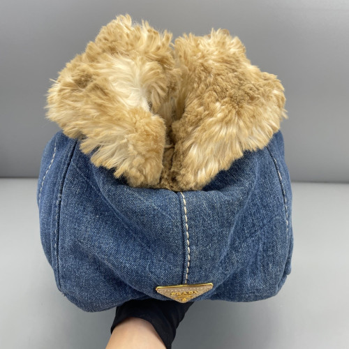 Prada Medium Canapa Tote Denim Faux Fur Light Brown Blue