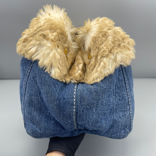 Prada Medium Canapa Tote Denim Faux Fur Light Brown Blue