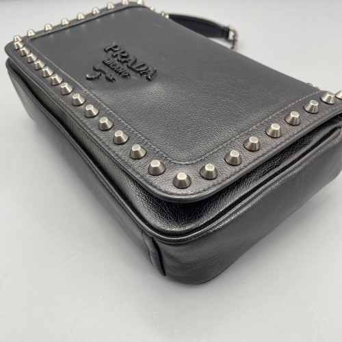 Prada Studded Shoulder Bag Calfskin Black