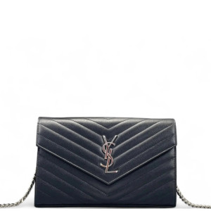 Yves Saint Laurent Envelope Wallet On Chain Shiny Caviar Calfskin Black