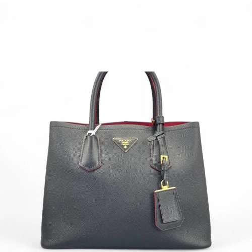 Prada Medium Double Bag Saffiano Calfskin Black Red