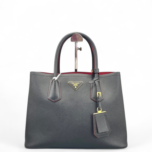 Prada Medium Double Bag Saffiano Calfskin Black Red