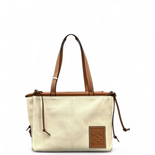 Loewe Small Cushion Tote Calfskin Canvas Beige Brown