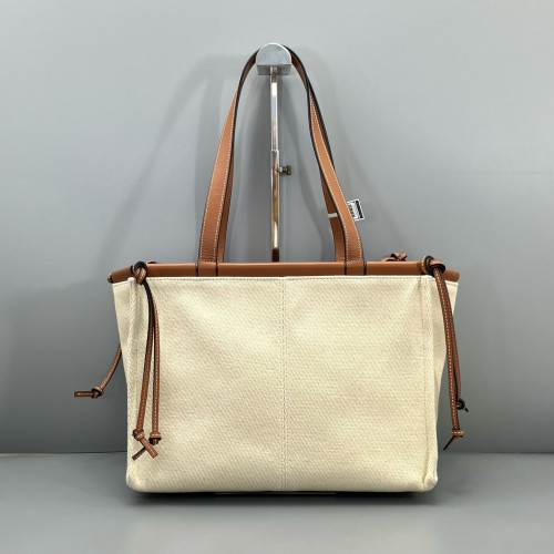 Loewe Small Cushion Tote Calfskin Canvas Beige Brown