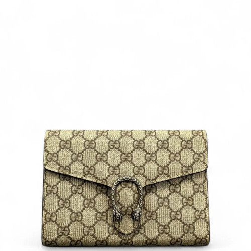 Gucci Mini Dionysus Chain Wallet GG Supreme Monogram Beige Red