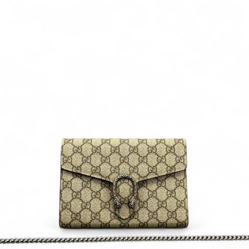 Gucci Mini Dionysus Chain Wallet GG Supreme Monogram Beige Red