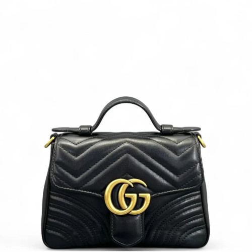 Gucci Chevron Mini GG Marmont Top Handle Shoulder Bag Calfskin Black