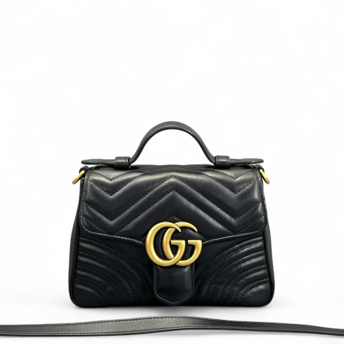 Gucci Chevron Mini GG Marmont Top Handle Shoulder Bag Calfskin Black