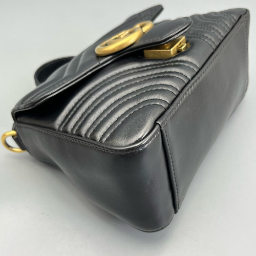 Gucci Chevron Mini GG Marmont Top Handle Shoulder Bag Calfskin Black