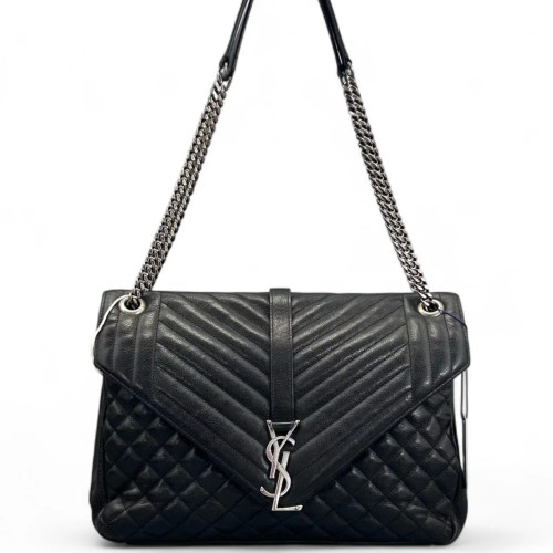 Yves Saint Laurent Mixed Matelasse Medium Triquile Monogram Satchel Calfskin Black
