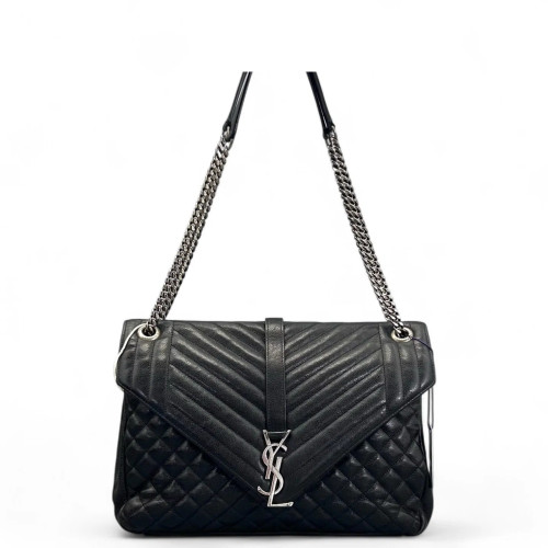Yves Saint Laurent Mixed Matelasse Medium Triquile Monogram Satchel Calfskin Black