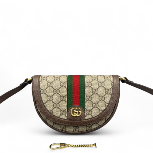 Gucci Halfmoon Web Mini Ophidia Crossbody Bag GG Supreme Monogram Calfskin Beige Ebony Beige Brown