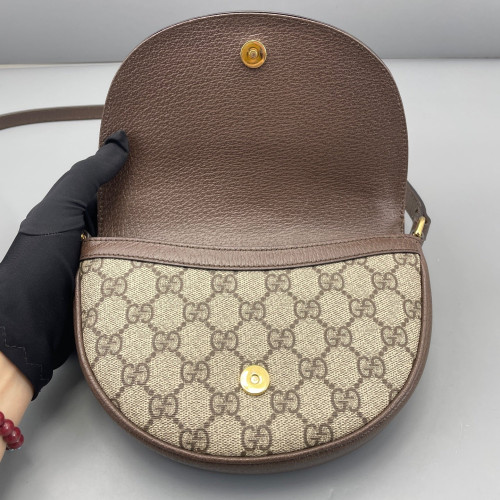 Gucci Halfmoon Web Mini Ophidia Crossbody Bag GG Supreme Monogram Calfskin Beige Ebony Beige Brown