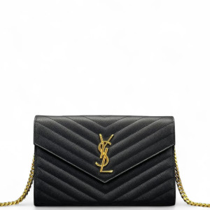 Yves Saint Laurent Small Envelope Chain Wallet Shiny Caviar Calfskin Black