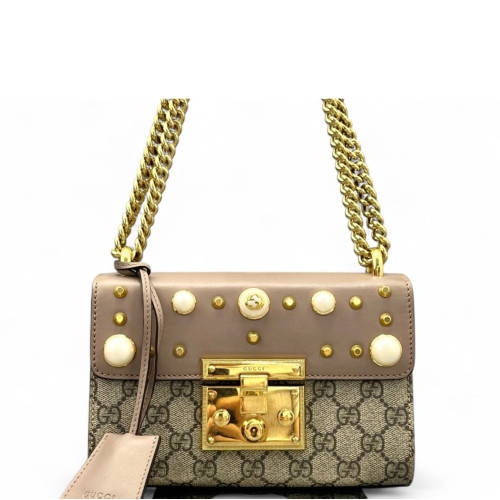Gucci Small Padlock Shoulder Bag GG Monogram Pink Brown