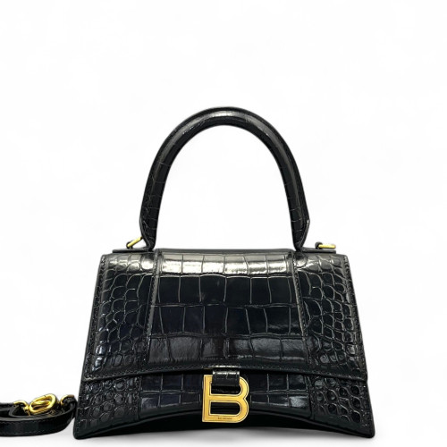 Balenciaga Hourglass Top Handle Small Calfskin Crocodile Embossed Black