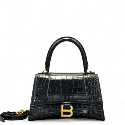 Balenciaga Hourglass Top Handle Small Calfskin Crocodile Embossed Black