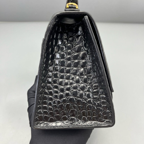 Balenciaga Hourglass Top Handle Small Calfskin Crocodile Embossed Black