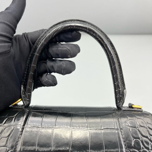 Balenciaga Hourglass Top Handle Small Calfskin Crocodile Embossed Black