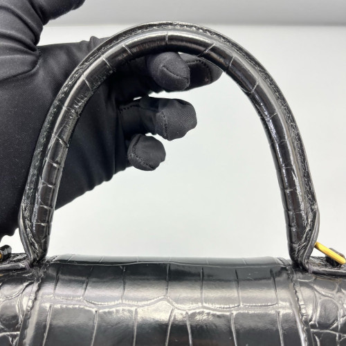 Balenciaga Hourglass Top Handle Small Calfskin Crocodile Embossed Black