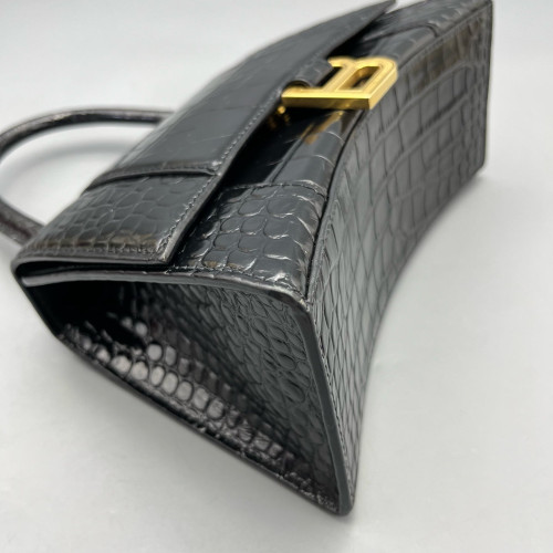 Balenciaga Hourglass Top Handle Small Calfskin Crocodile Embossed Black